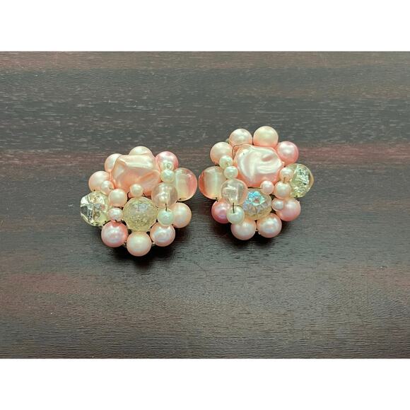 VTG Pink Beaded Rhinestone Clip On Earrings Made in Japan Coquette Bling Barbie - Picture 1 of 6